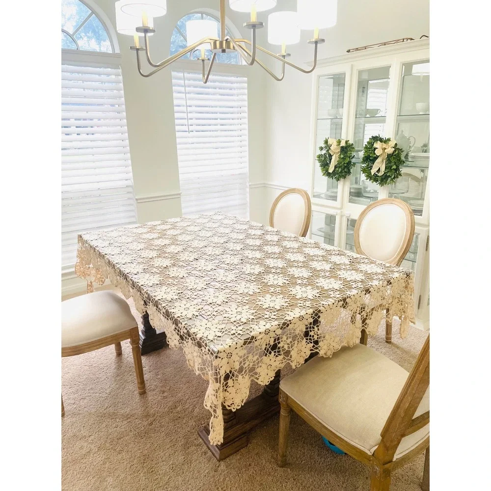 Vintage Hand Crocheted Lace Tablecloth Cream Ivory Floral Rectangular 60x80